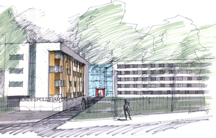 So soll das Bundespolizeiamt Rostock einmal aussehen.
Entwurf des Rostocker Architekturbüros Bastmann und Zavracky. © 2007 Bastmann und Zavracky