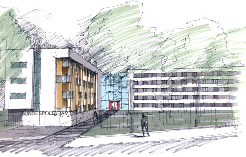 So soll das Bundespolizeiamt Rostock einmal aussehen.
Entwurf des Rostocker Architekturbüros Bastmann und Zavracky. © 2007 Bastmann und Zavracky