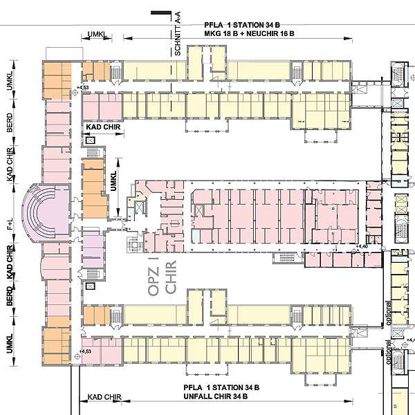 Grundriss 1. Obergeschoss: Im Mitteltrakt befinden sich Räumlichkeiten für den Klinischen Arztdienst sowie den Bereitschaftsdienst, die Personalumkleiden und ein Hörsaal. © 2008 Architekten Haid +Partner Architekten +Ingenieure Nürnberg