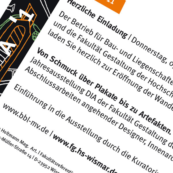 Einige Abschlussarbeiten des Jahrgangs 2010 wandern als Ausstellung durch unser Bundesland: 3. Station vom 7. April bis 6. Mai 2011 ist der Lichthof im Haus 3 des BBL M-V-Dienstgebäudes der Zentrale und des Geschäftsbereiches Rostock. © 2011 Betrieb für Bau und Liegenschaften Mecklenburg-Vorpommern