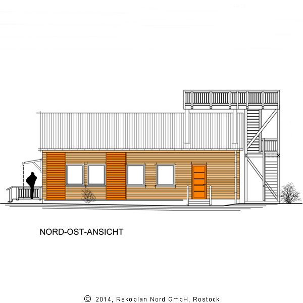 Ansicht von Nordwest: Die unbehandelte Lärchenfassade prägt das Erscheinungsbild des Neubau nach Passivhausstandard. © 2014 Rekoplan GmbH, Rostock