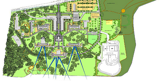 Plan aus der Denkmalpflegerischen Zielstellung. Die Blickbeziehungen (unten, Richtung Süden) sind mit den sich öffnenden blauen Linien angedeutet. © 2014 Betrieb für Bau und Liegenschaften Mecklenburg-Vorpommern