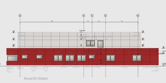 Entwurfsplanung für den Neubau der Feuerwache auf dem Fliegerhorst Laage-Kronskamp: Ansicht aus östlicher Richtung.