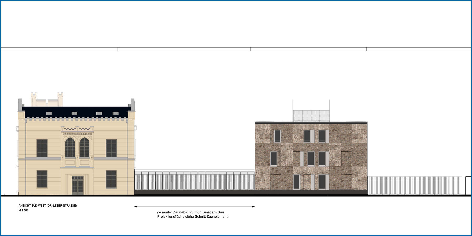 Planzeichnung mit Zaunabschnitt zwischen saniertem Altbau und Neubau. © 2015 Betrieb für Bau und Liegenschaften Mecklenburg-Vorpommern
