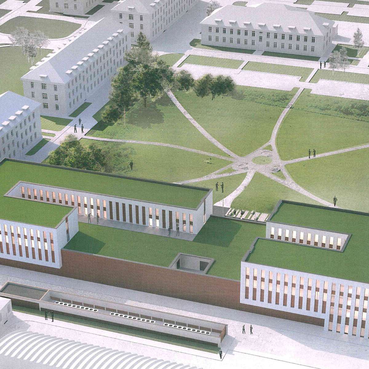 Visualisierung des Gebäudes mit angrenzender Bebauung © 2016 Bastmann und Zavracky, Rostock