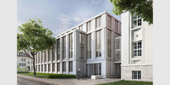 Visualisierung des Justizzentrums am Demmlerplatz mit dem Blick auf den Erweiterungsbau auf der südlichen Seite des Areals. © 2016 pussert kosch architekten PartGmbB BDA