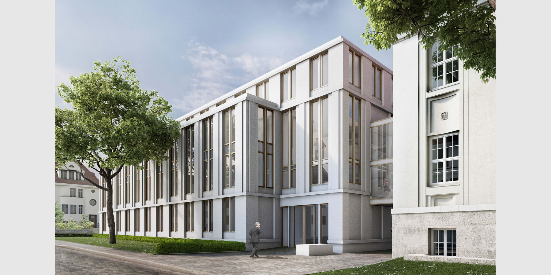 Visualisierung des Justizzentrums am Demmlerplatz mit dem Blick auf den Erweiterungsbau auf der südlichen Seite des Areals. © 2016 pussert kosch architekten PartGmbB BDA