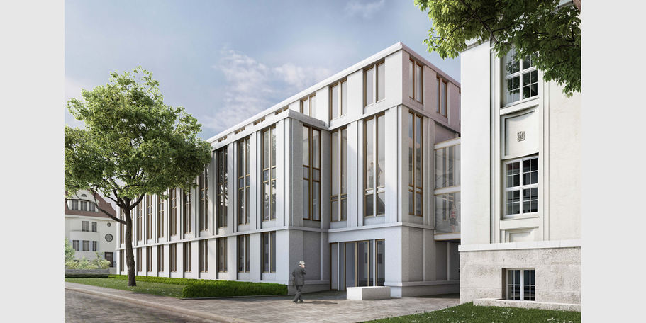 Visualisierung des Justizzentrums am Demmlerplatz mit dem Blick auf den Erweiterungsbau auf der südlichen Seite des Areals. © 2016 pussert kosch architekten PartGmbB BDA