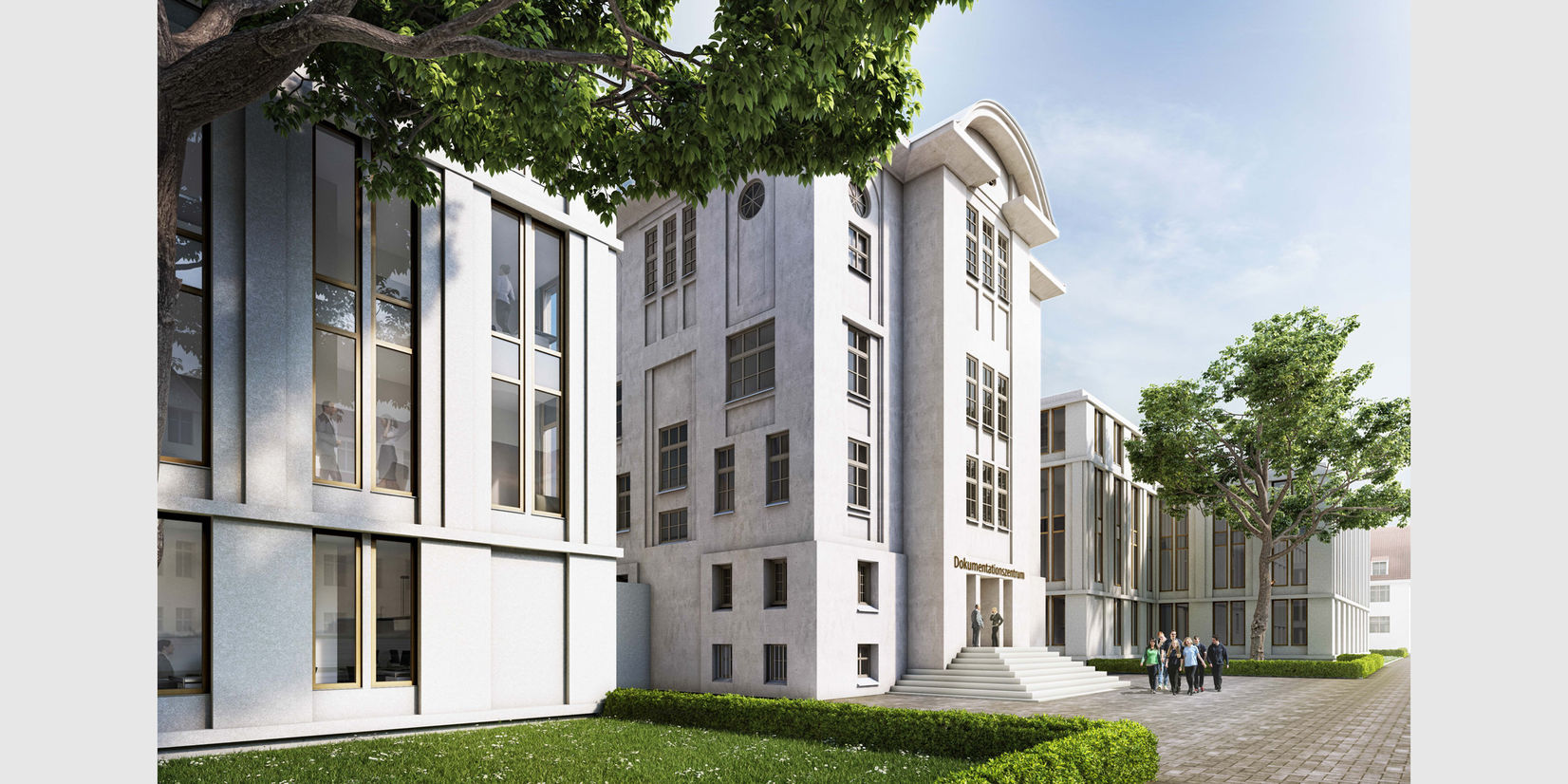 Visualisierung des Justizzentrums am Obotritenring mit dem Blick auf den Zugang zum Dokumentationszentrum. © 2016 pussert kosch architekten PartGmbB BDA