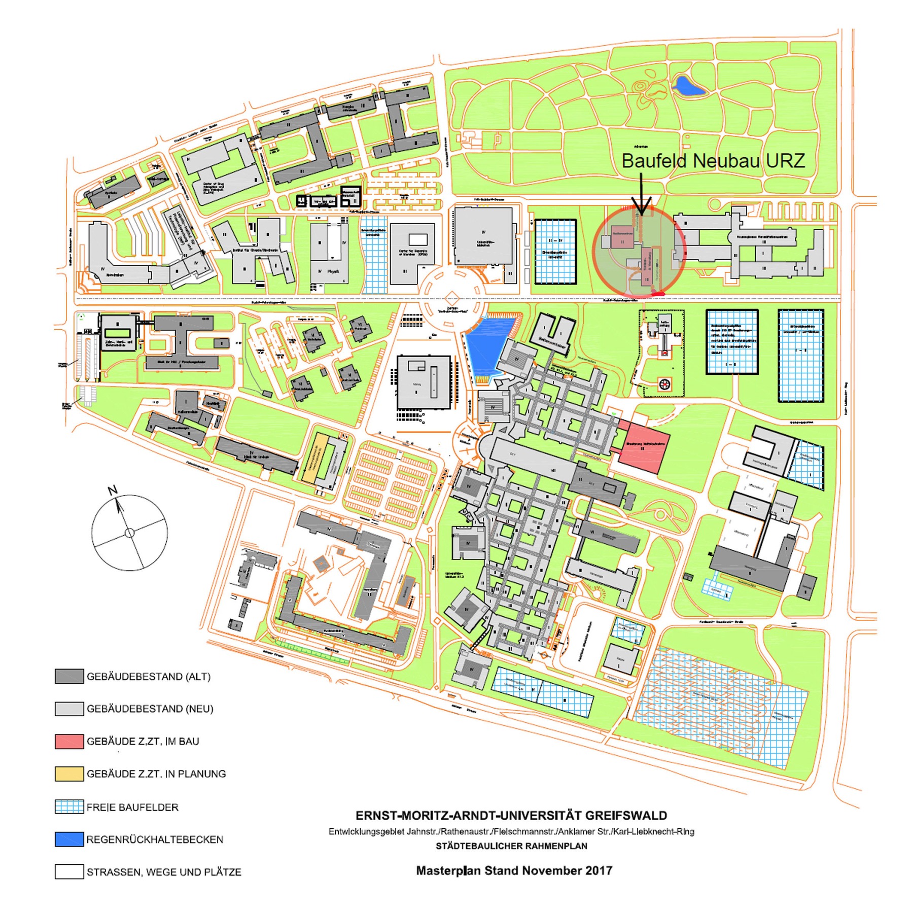 Masterplan Gesamtcampus mit Kennzeichnung des geplanten Standortes für den Neubau Universitätsrechenzentrum © 2017 Betrieb für Bau und Liegenschaften Mecklenburg-Vorpommern