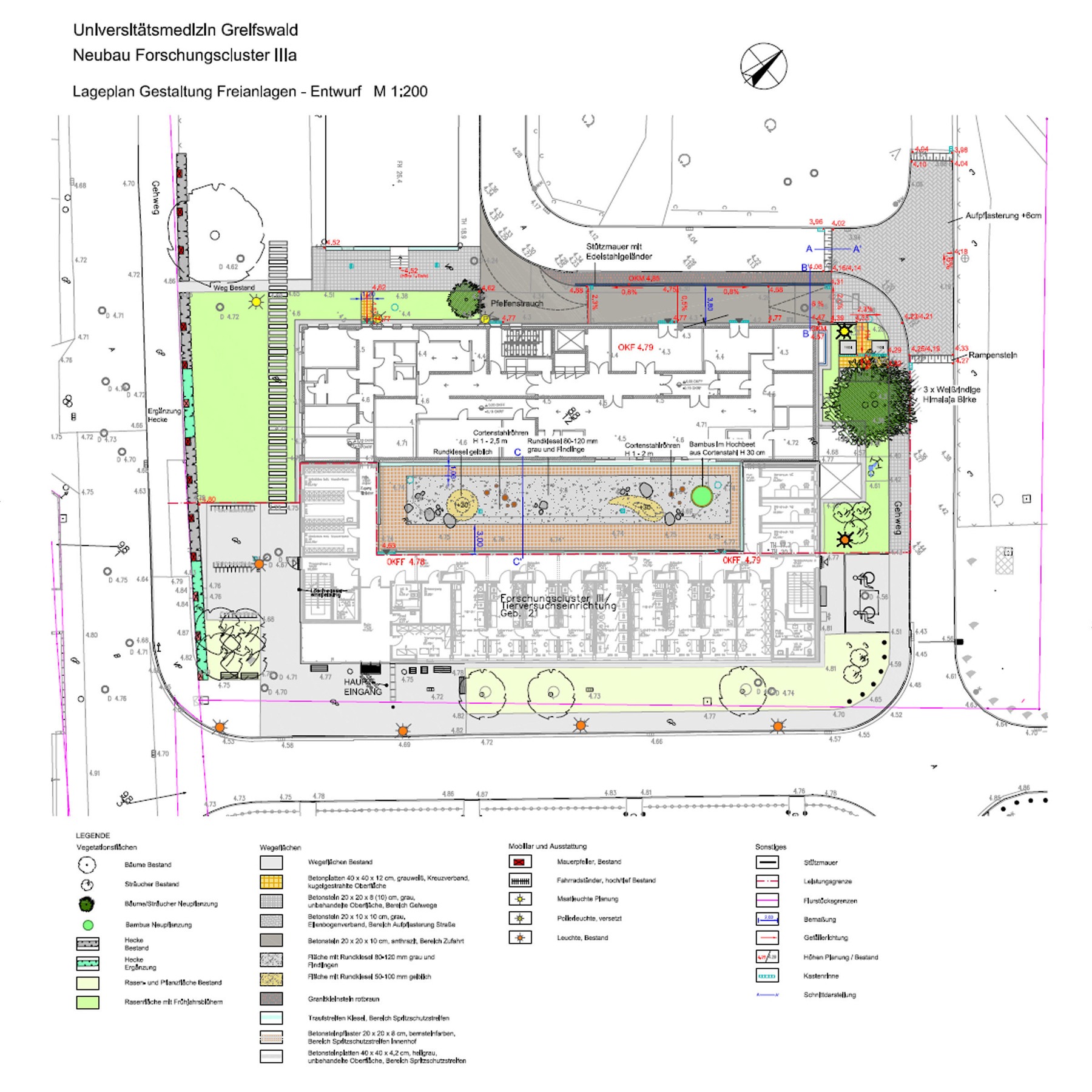 Freianlagenplan - Der Neubau schließt an den U-Förmigen Baukörper des Bestandsgebäudes an - es entsteht eine Innenhofsituation © 2016 Landschaftsarchitekturbüro Olaf Petters, Stralsund