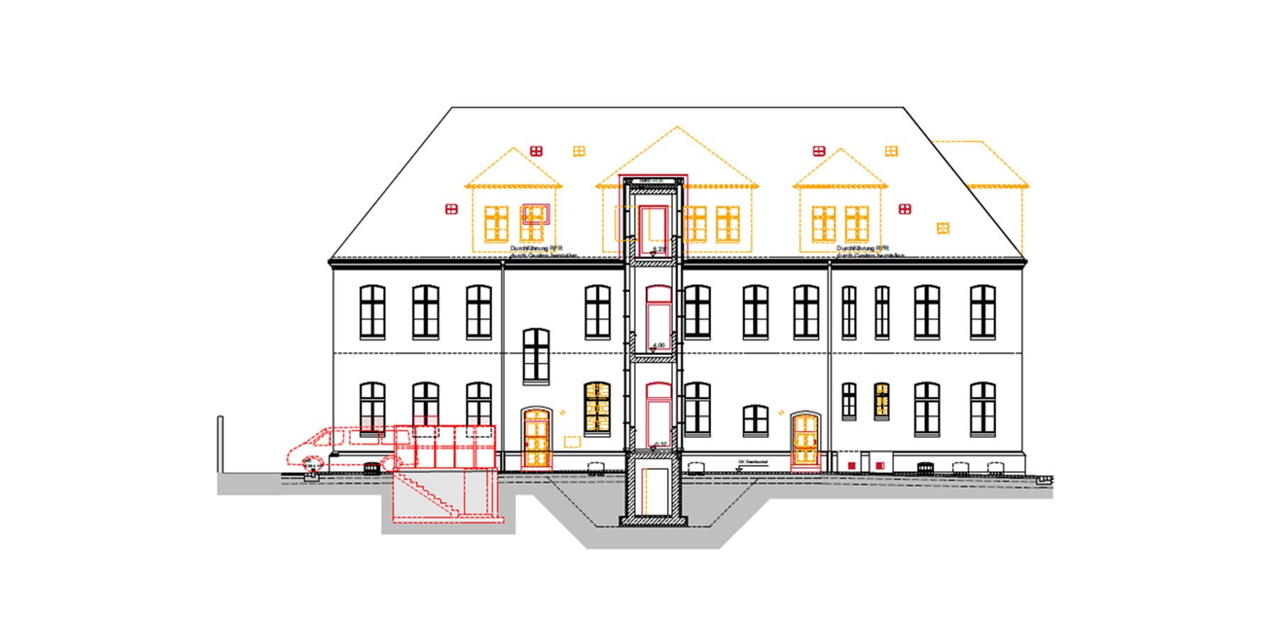 geplante Ansicht Süd/ Hof mit dem Rückbau der Dachgauben © 2018 milatz.schmidt architekten gmbh Neubrandenburg