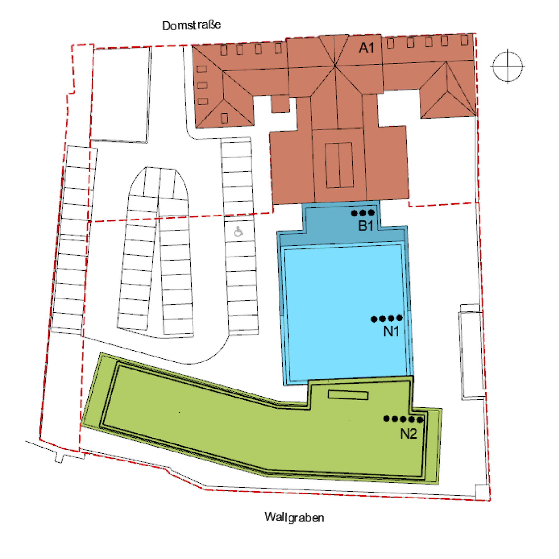 Übersichtslageplan, Erweiterungsbau grün hinterlegt. © 2018 Buttler Architekten GmbH Rostock