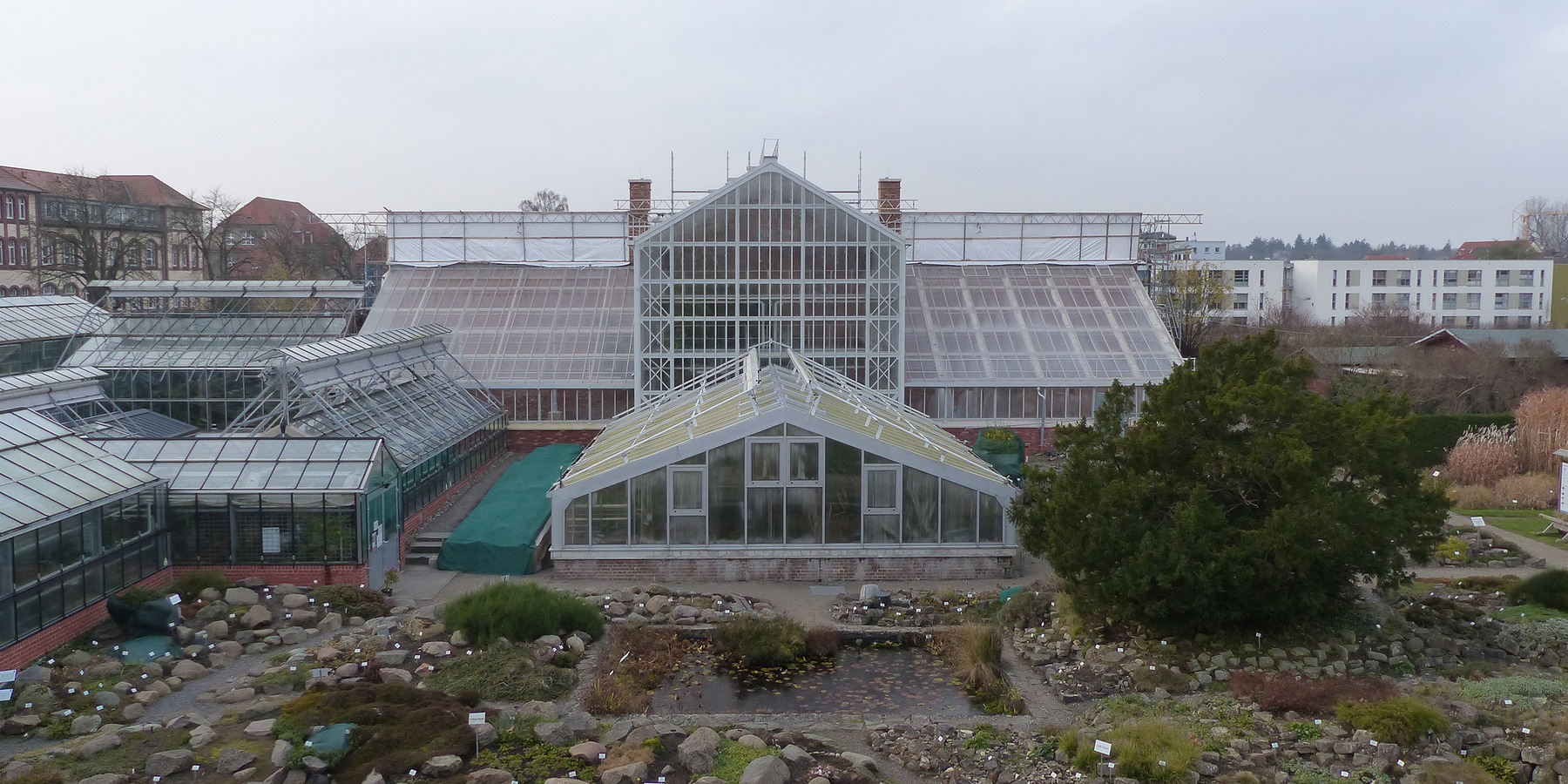 Der dreiteilige historische Gewächshauskomplex - eine symmetrische Anlage aus mittlerem Palmenhaus und seitlich anschließenden Warmhaus und Cycadeenhaus - während der Sanierung © 2020 SBL Greifswald