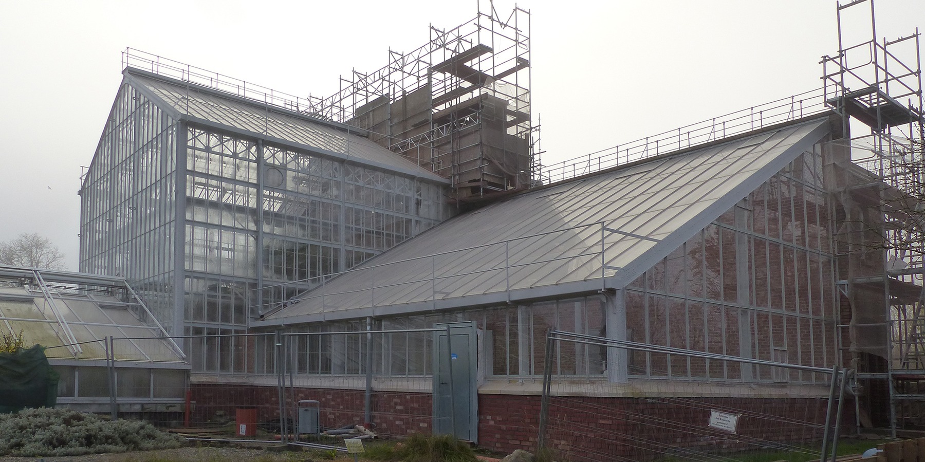 Die historischen Gewächshäuser während der Sanierung - im Hintergrund das in der Höhe herausragende mittige Palmenhaus, vorn das nördlich anschließende Cycadeenhaus © 2020 SBL Greifswald