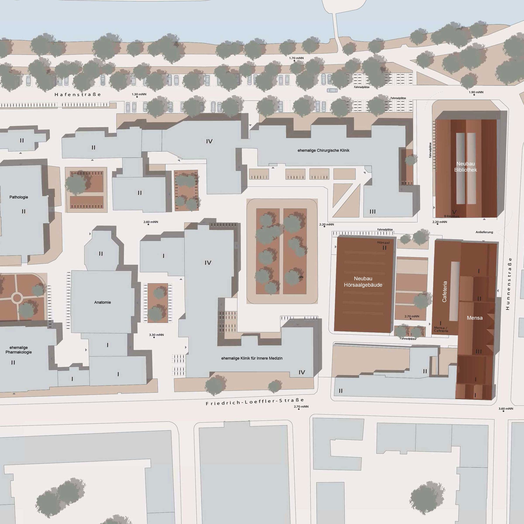 Lageplan Campus Loefflerstraße mit den Neubauten Bibliothek, Hörsaalgebäude und Cafeteria mit Ausgabemensa © Visualisierung Eßmann Gärtner Nieper Architekten Leipzig