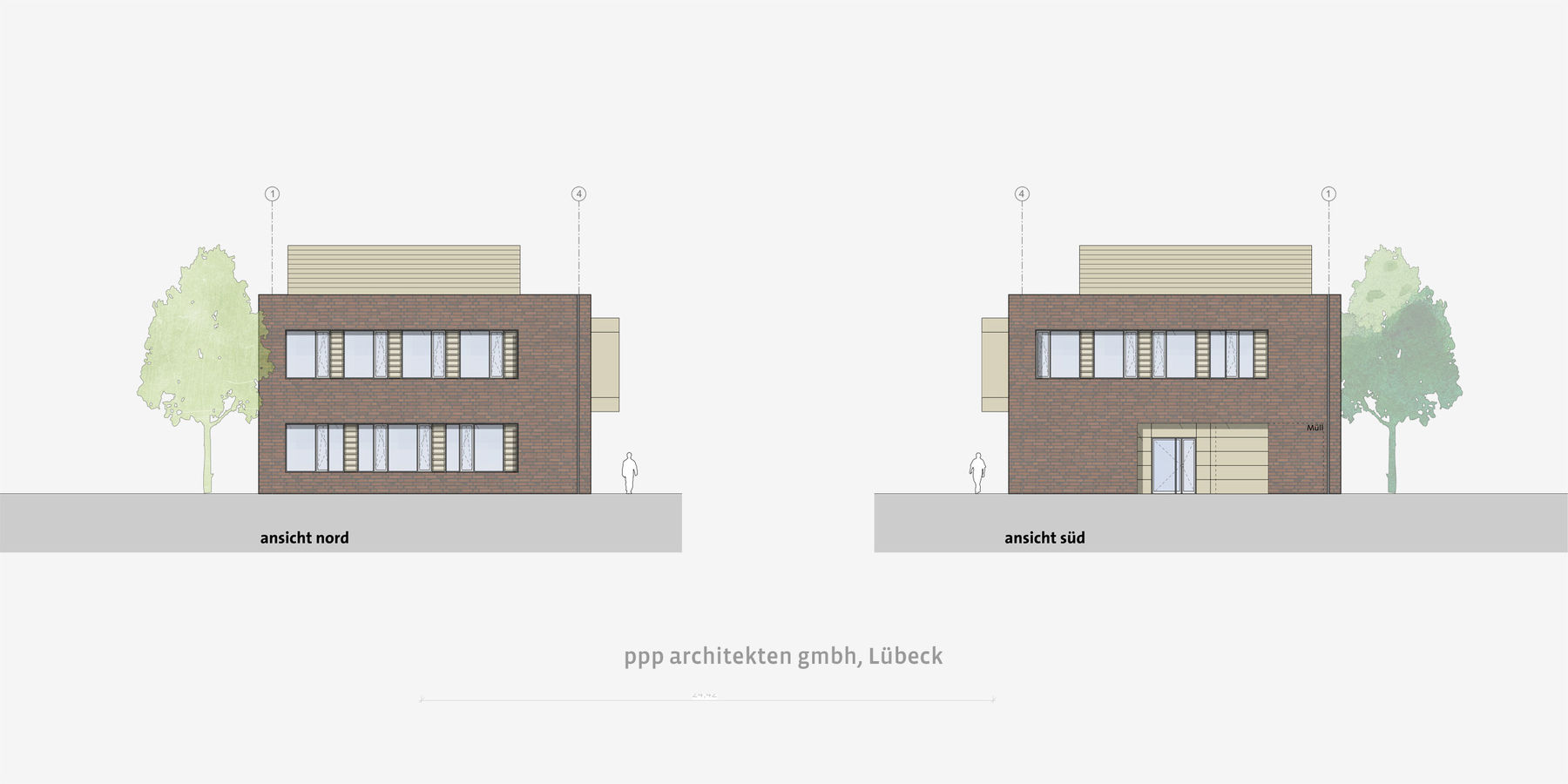 Ansicht aus nördlicher und südlicher Richtung. © 2019 ppp architekten + generalplaner gmbh, Lübeck