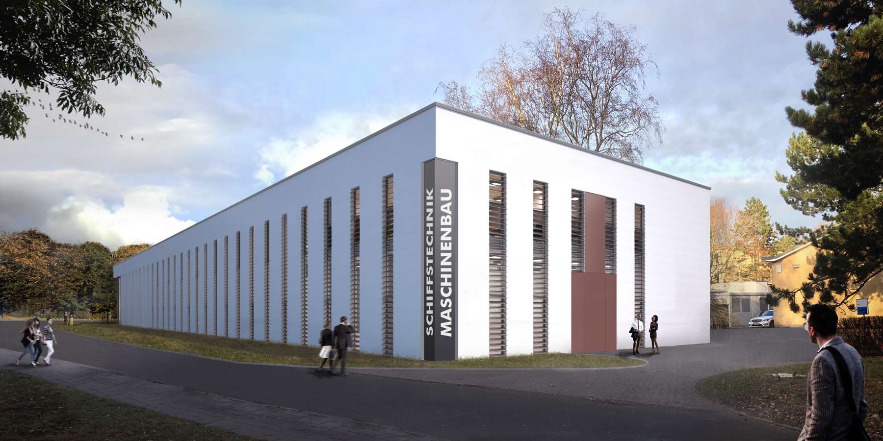 So soll die Forschungshalle (Bauteil II) später aussehen. Visualisierung mit Blick von der Joachim-Jungius-Straße. © Bastmann + Zavracky BDA Architekten GmbH, Rostock