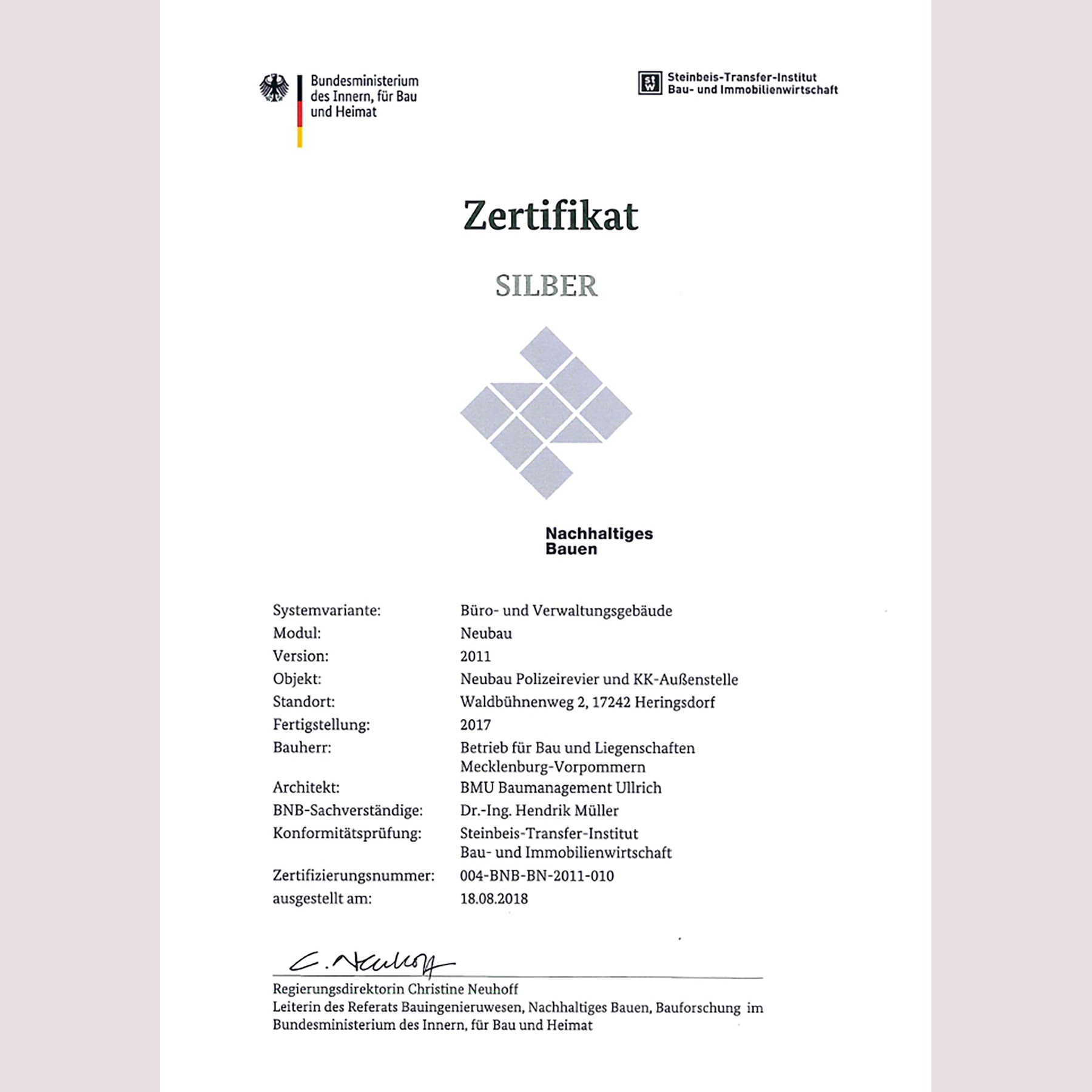 BNB Zertifikat Silber © 2018 Steinbeis-Transfer-Institut Bau- und Immobilienwirtschaft