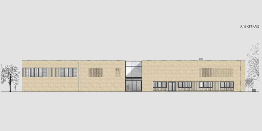 Ansicht der östlichen Fassade des Neubaus. Den Entwurf verfasste Cathleen Gehrke vom SBL Rostock. Die Fassade wurde maßgeblich von den Anderhalten Architekten geplant.  Ausführung: SBL Rostock und Anderhalten Architekten. © 2021 Anderhalten Architekten, Berlin