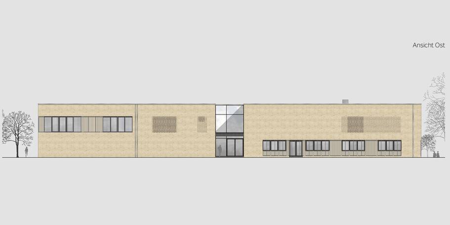 Ansicht der östlichen Fassade des Neubaus, Haupteingang. © 2021 Anderhalten Architekten, Cathleen Gehrke (SBL Rostock)