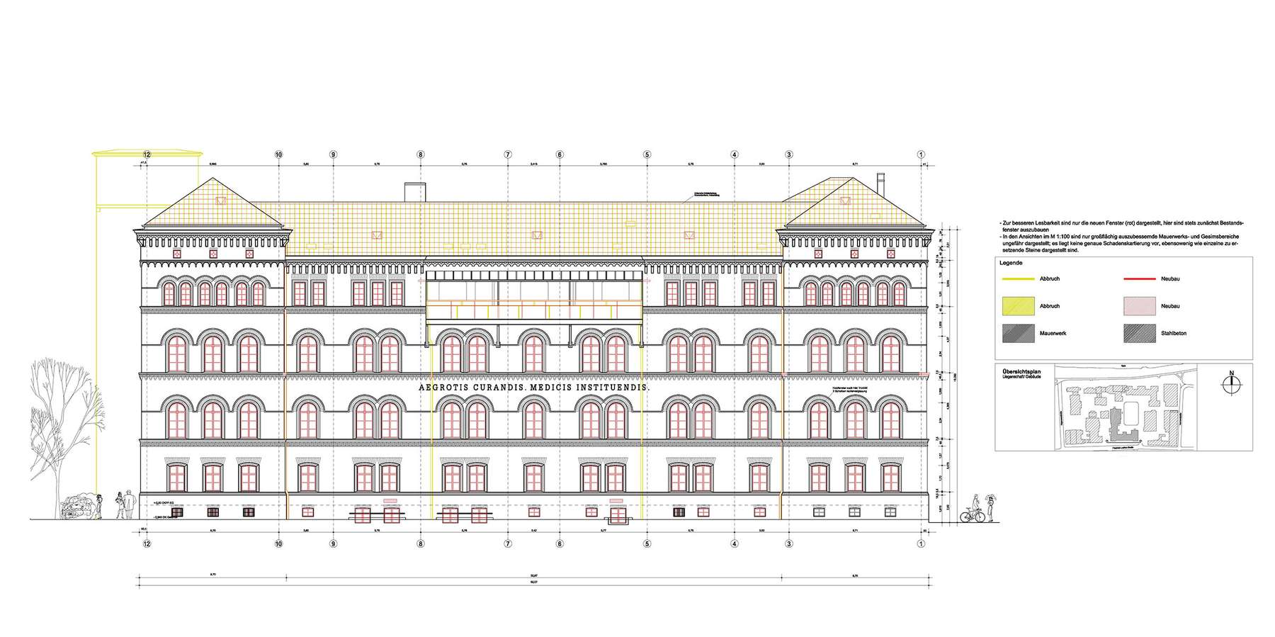 Planung - Ansicht Süd von der Friedrich-Loeffler-Straße mit Kennzeichnung Abbruch und Neubau © 2015 KEBE + SCHOBERTH Dipl.-Ing. Arch. TU-SIA, Berlin