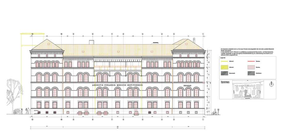 Planung - Ansicht Süd von der Friedrich-Loeffler-Straße mit Kennzeichnung Abbruch und Neubau © 2015 KEBE + SCHOBERTH Dipl.-Ing. Arch. TU-SIA, Berlin