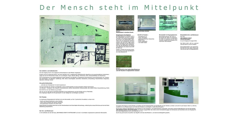 DER MENSCH STEHT IM MITTELPUNKT  - Präsentation des Siegerentwurfes von Rainer Fest - eine 4-teilige Installation, die mit Begriffen, Grundsätzen und diesem Kernsatz Bezug auf die Gesellschaft und das Wirken der Polizei nimmt © 2022 Rainer Fest