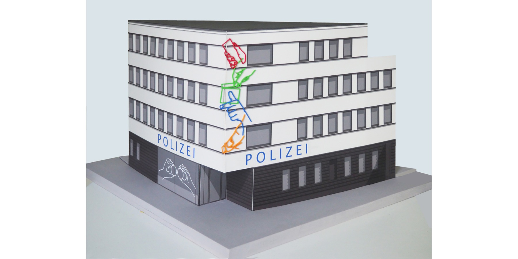 GESTEN  - Wettbewerbsbeitrag des Künstlers Udo Dettmann - eine 2-teilige Installation, bestehend aus linearen farbigen Objekten auf der Fassade sowie einem digitalen Folienschnitt auf der Verglasung des Eingangsbereiches, die Handgesten des Polizeihandwe © 2022 Udo Dettmann