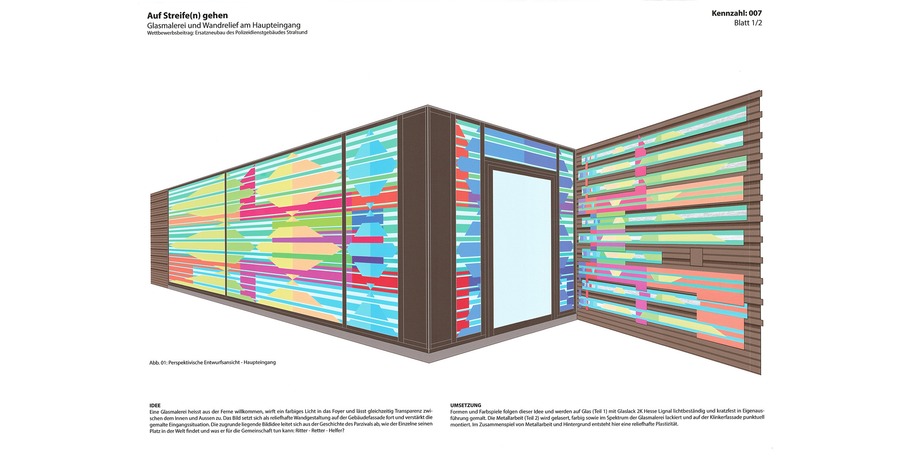 AUF STREIFE(N) GEHEN  - Wettbewerbsbeitrag des Künstlers Martin Feistauer - eine farbige Glasmalerei im Bereich des Haupteinganges, die sich als reliefhafte Wandgestaltung aus Edelstahl auf der angrenzenden Klinkerfassade fortsetzt © 2022 Martin Feistauer
