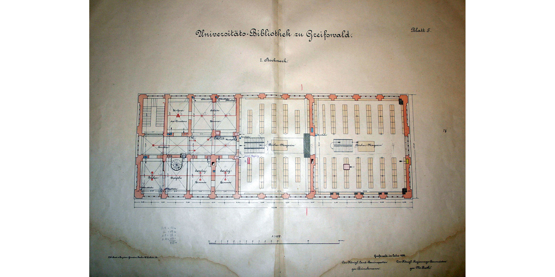 Historische Zeichnung von 1892 - Grundriss 1. Obergeschoss - mit Erweiterung des Magazinbereiches um vier Fensterachsen (rechts) © 2022 SBL Greifswald