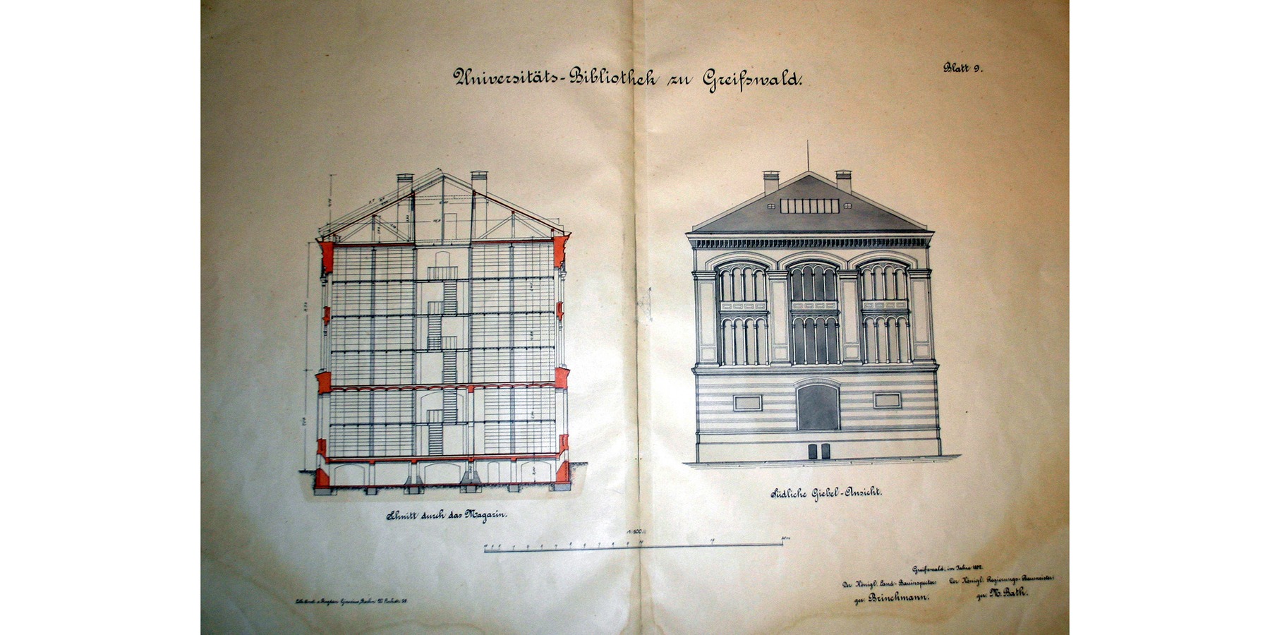 Historische Zeichnung von 1892 - Schnitt durch das Magazin mit eingestellter Eisen-Skelettkonstruktion über sechs Halbgeschosse - Südliche Giebelansicht © 2022 SBL Greifswald