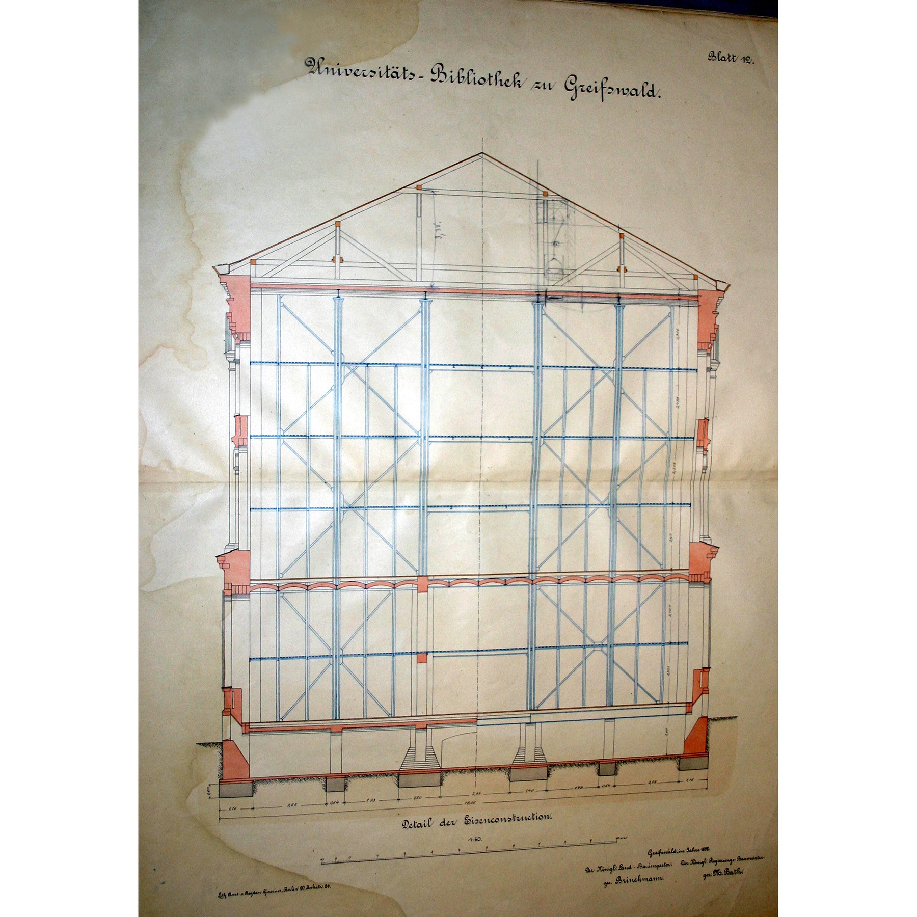 Historische Zeichnung von 1892 - Schnitt durch das Magazin mit eingestellter Eisen-Skelettkonstruktion über sechs Halbgeschosse © 2022 SBL Greifswald