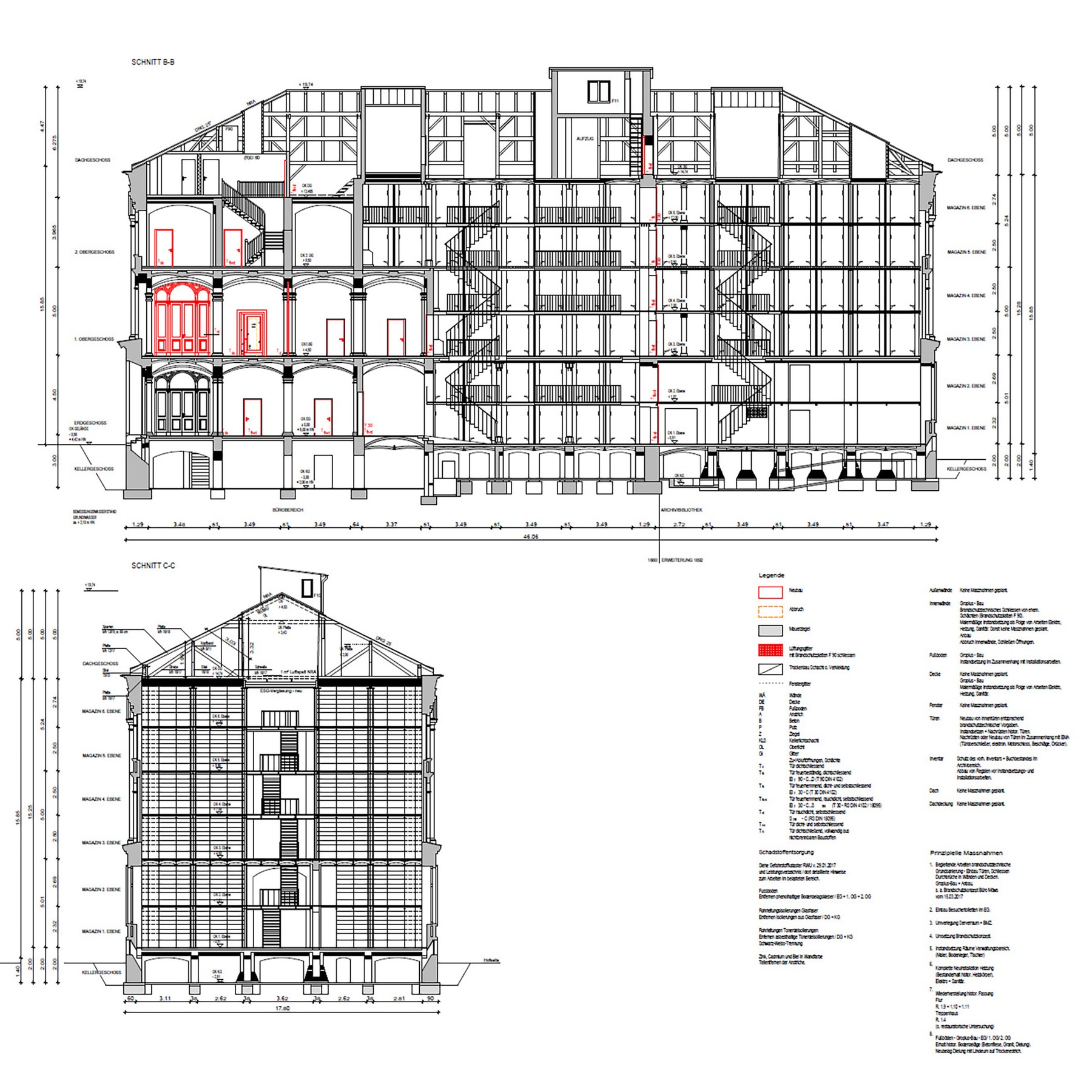 Längsschnitt und Querschnitt Magazin   - AFU-Planung von 2018 © 2018 Architekturbüro Fred Kurt Lesche