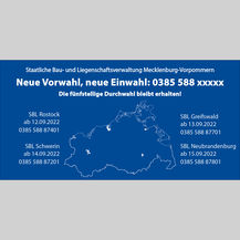 Landkarte Mecklenburg-Vorpommern mit Hinweisen zurt Umstellung der Telefonnummern. © 2022 Christian Hoffmann (Finanzministerium M-V / SBL-MV)
