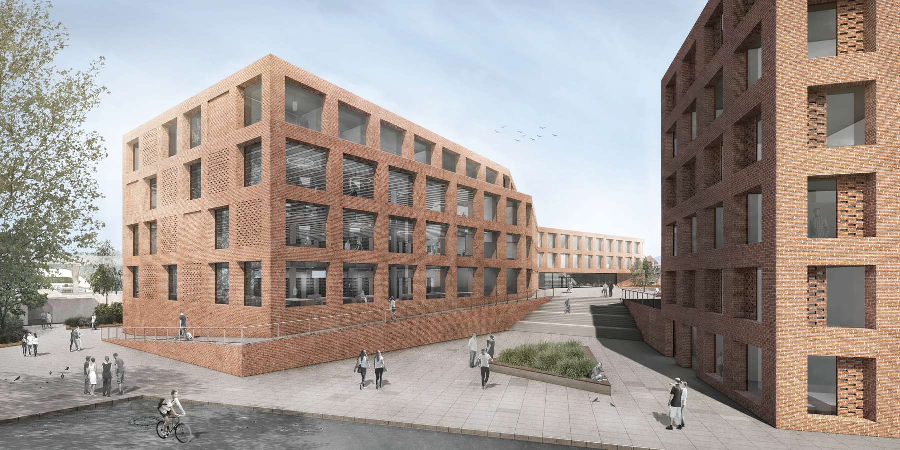 Visualisierung / Neubau Bibliothek und Verwaltungsgebäude - Blick von der Arno-Holz-Straße © 2019 BHBVT Gesellschaft von Architekten mbH, Berlin