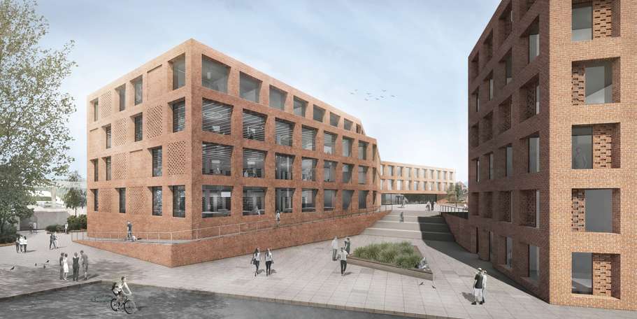 Visualisierung / Neubau Bibliothek und Verwaltungsgebäude - Blick von der Arno-Holz-Straße © 2019 BHBVT Gesellschaft von Architekten mbH, Berlin