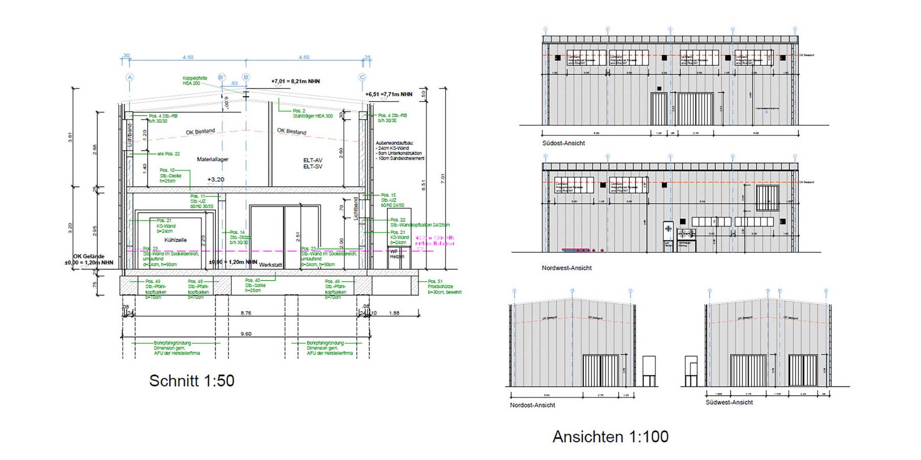 Schnitt und Ansichten des Ersatzneubaus (Ausführungsplanung von 2022) © 2022 GROTH Ingenieure, Bad Sülze