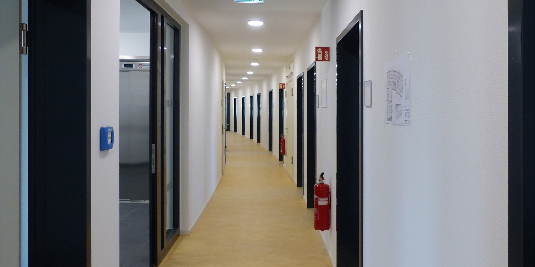 Die gebogene Form der Gebäudeflügel ist auch im Innern des Hauses, insbesondere in den langen Fluren erkennbar © 2023 SBL Greifswald