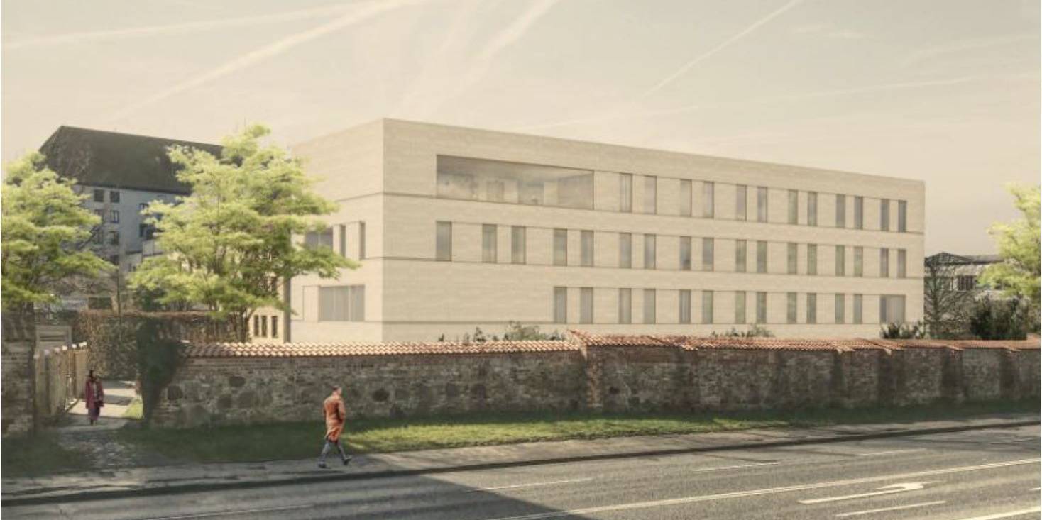 Neubau Pop- und Weltmusik einschließlich Cafeteria / Mensa Visualisierung: Blick von der Straße Am Strande © © 2022 Knoche Architekten Partnerschaftsgesellschaft mbB, Leipzig