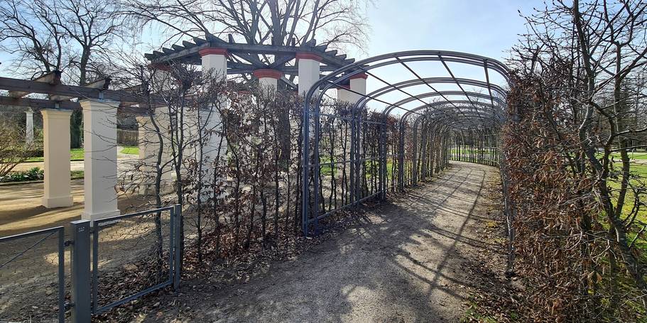 Über den wieder errichteten Laubengang gelangt man in den Schlossgarten. © 2024 SBL Neubrandenburg