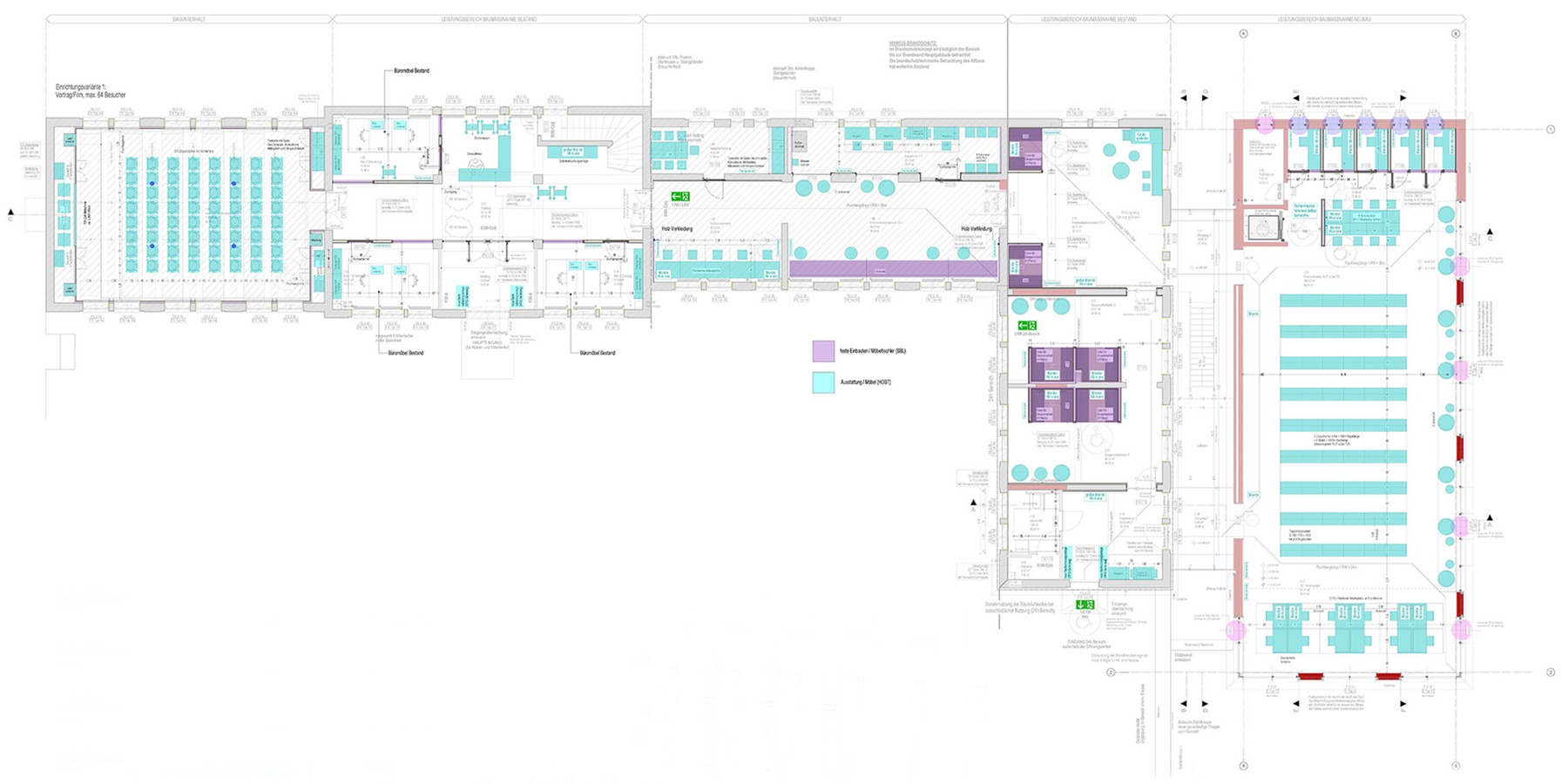 AFU-Planung: Grundriss Erdgeschoss mit Ausstattung - links das Bestandsgebäude Haus 2, rechts der Erweiterungsneubau © 2024 Warnkross.Kartheus.Architekten.PartGmbB Stralsund