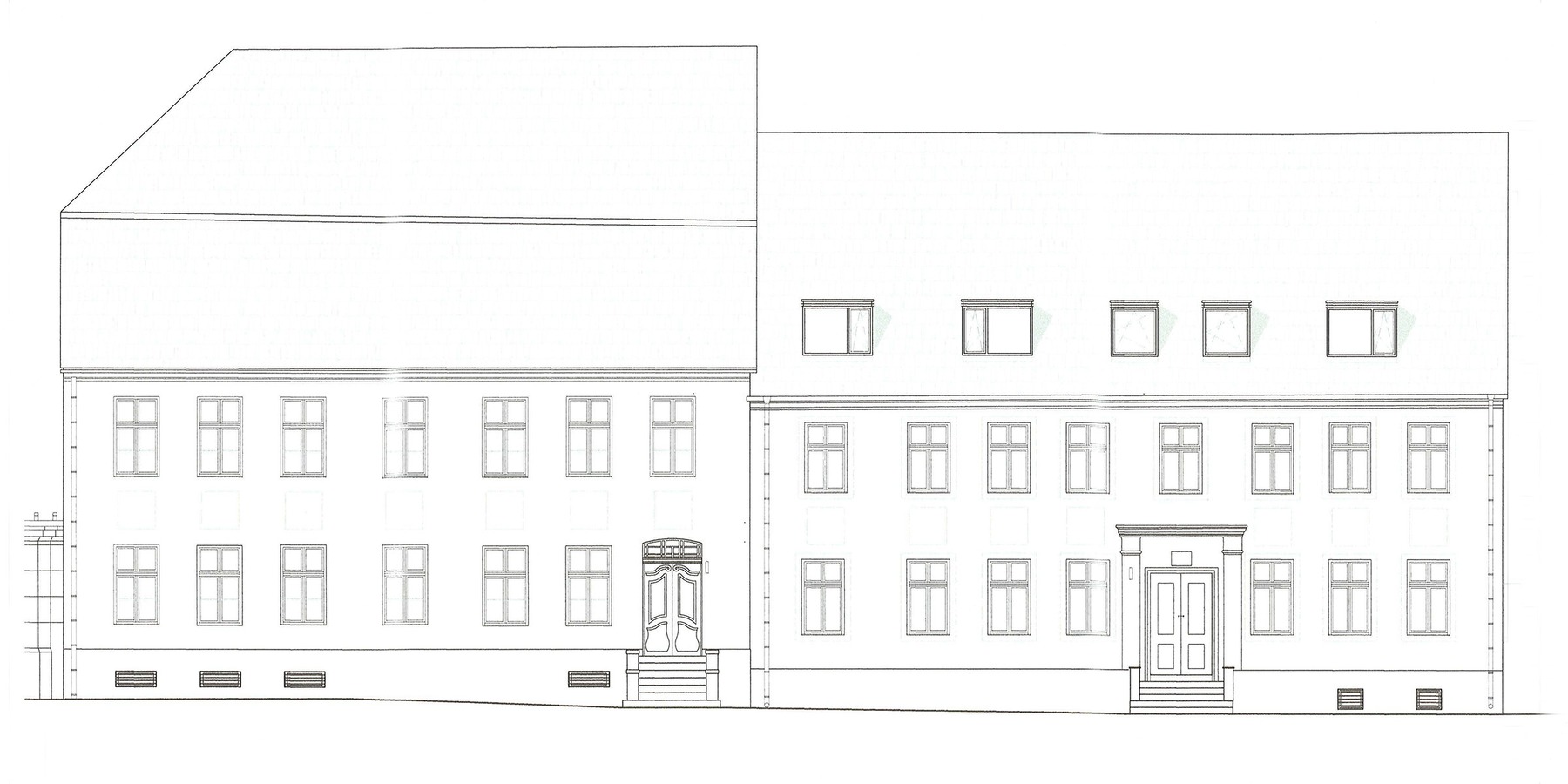 Nordansicht - Straßenseite: rechts die Domstraße 9, links die Domstraße 10 © 2021 Kottke Architekten