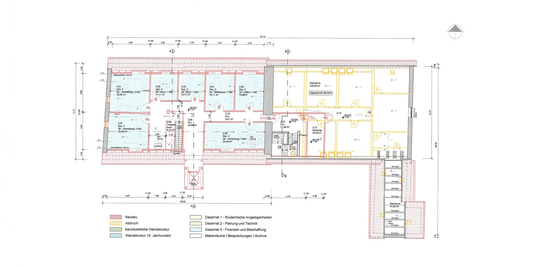 Grundriss Dachgeschoss mit zukünftiger Nutzung im Haus Domstraße 9 (das DG Domstraße 10 wird abgeschottet und bleibt ungenutzt) © 2021 Kottke Architekten
