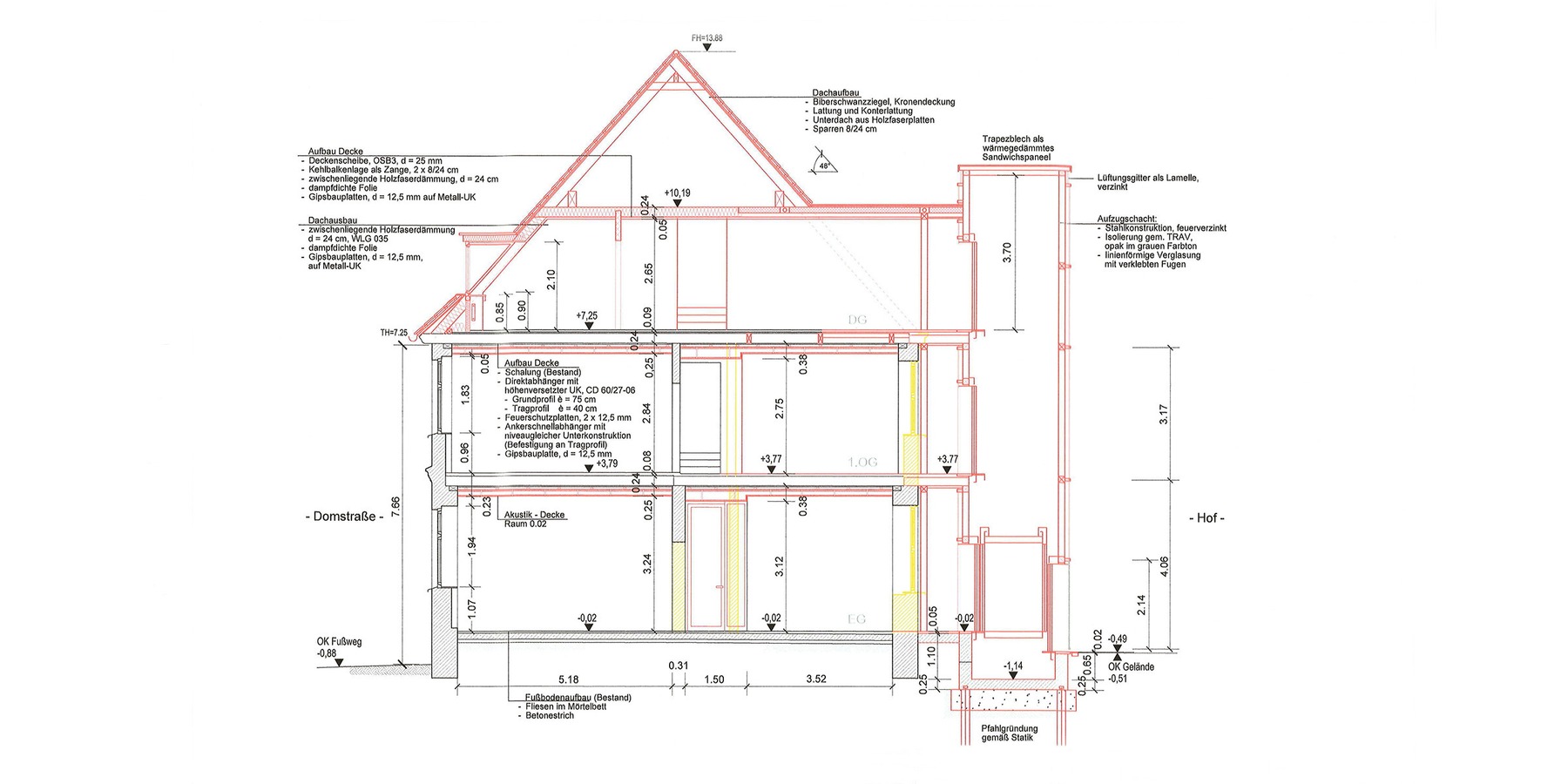 Querschnitt Domstraße 9 mit neuem Außenaufzug auf der Hofseite © 2021 Kottke Architekten
