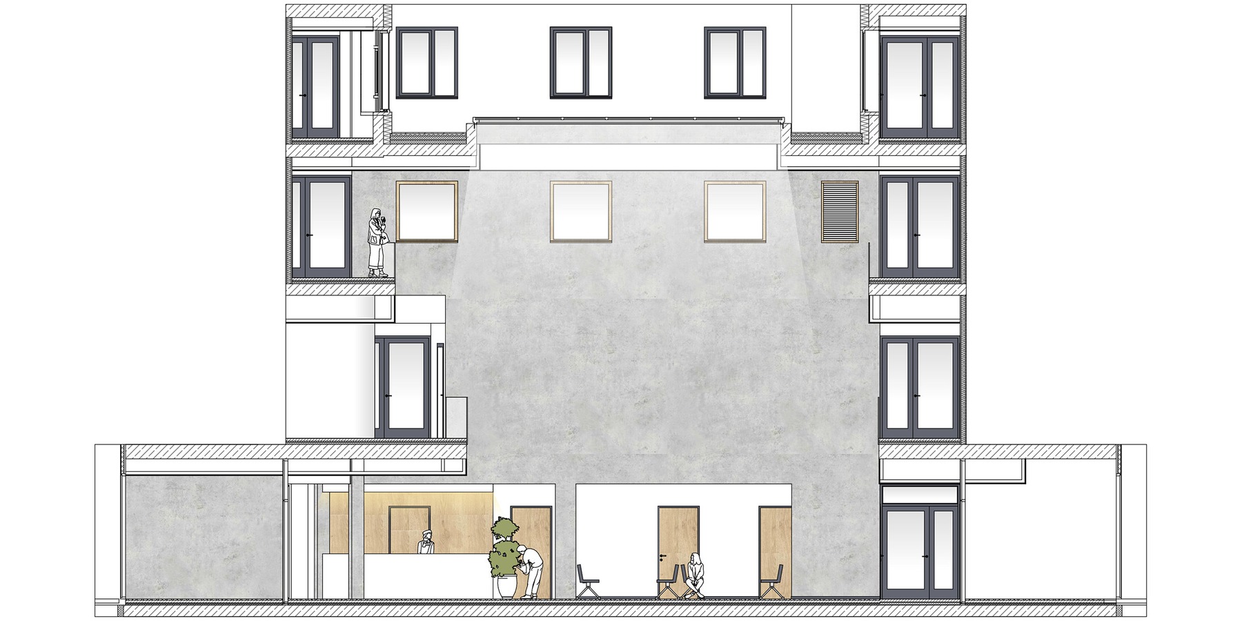 Querschnitt Gebäude: Eingangsbereich + Foyer mit den möglichen Kunst-am-Bau-Standorten Betonwand über dem Empfang/Wartebereich im 1. und 2. Obergeschoss, Luftraum Foyer bis zum Oberlicht, Wandflächen in den Windfängen Eingang Nord und Eingang Süd © 2025 MHB Rostock