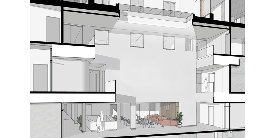 Visualisierung Eingangsbereich + Foyer mit den möglichen Kunst-am-Bau-Standorten Betonwand über dem Empfang/Wartebereich im 1. und 2. Obergeschoss, Luftraum Foyer bis zum Oberlicht, Wandflächen in den Windfängen Eingang Nord und Eingang Süd © 2025 MHB Rostock