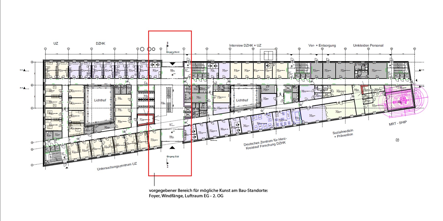 Grundriss Erdgeschoss mit Markierung des Bereiches für mögliche Kunststandorte im Eingangsbereich/Foyer und Luftraum über Foyer © 2022 MHB Architekten + Ingenieure GmbH, Rostock