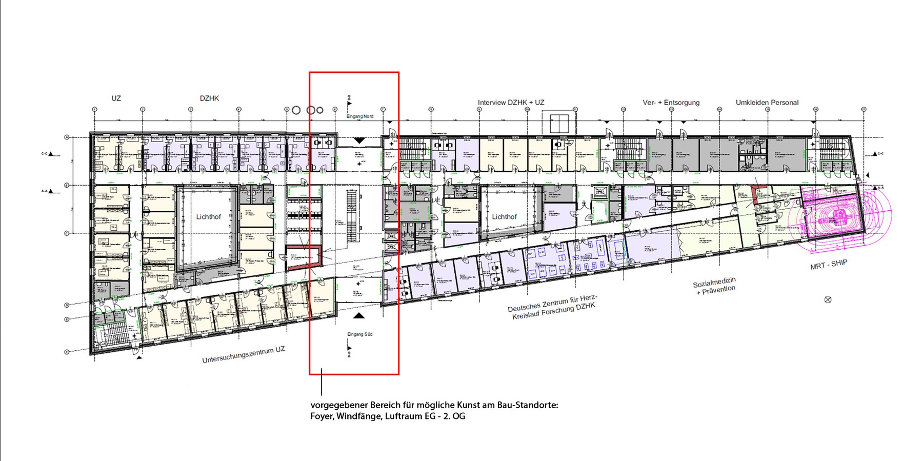 Grundriss Erdgeschoss mit Markierung des Bereiches für mögliche Kunststandorte im Eingangsbereich/Foyer und Luftraum über Foyer © 2022 MHB Architekten + Ingenieure GmbH, Rostock