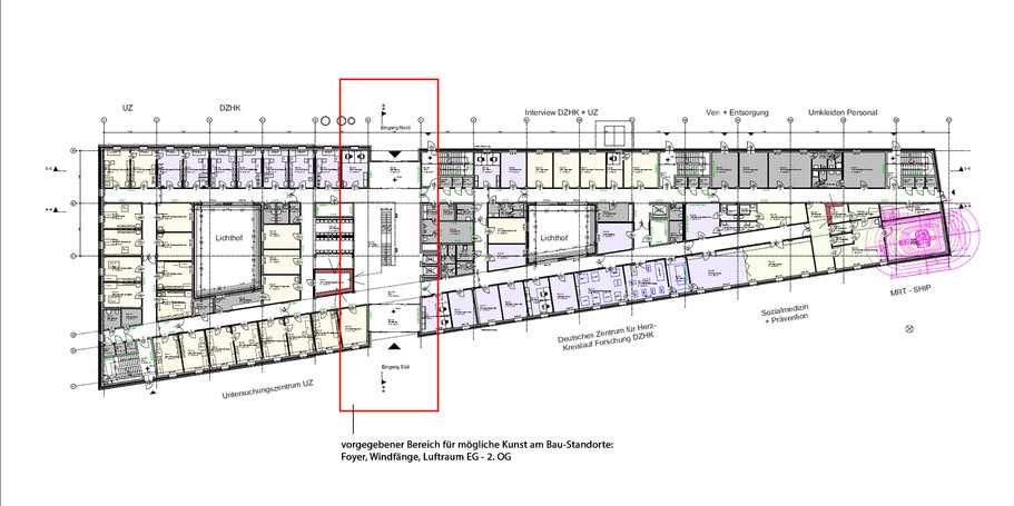 Grundriss Erdgeschoss mit Markierung des Bereiches für mögliche Kunststandorte im Eingangsbereich/Foyer und Luftraum über Foyer © 2022 MHB Architekten + Ingenieure GmbH, Rostock